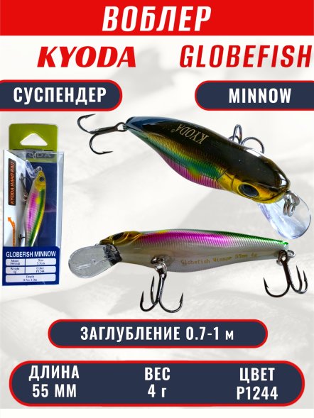 Воблер KYODA Globefish Minnow-55SP, длина 5,5 см, вес 4.0 гр цвет P1244, заглубление 0,7-1,0 м